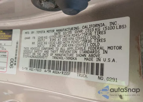 2006 Toyota Tacoma z USA, uszkodzony, nr VIN 5TEPX42N16Z203577